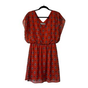 Aina Be Red Orange Chiffon Geometric Lined Elastic Waist Relaxed Fit Dress M